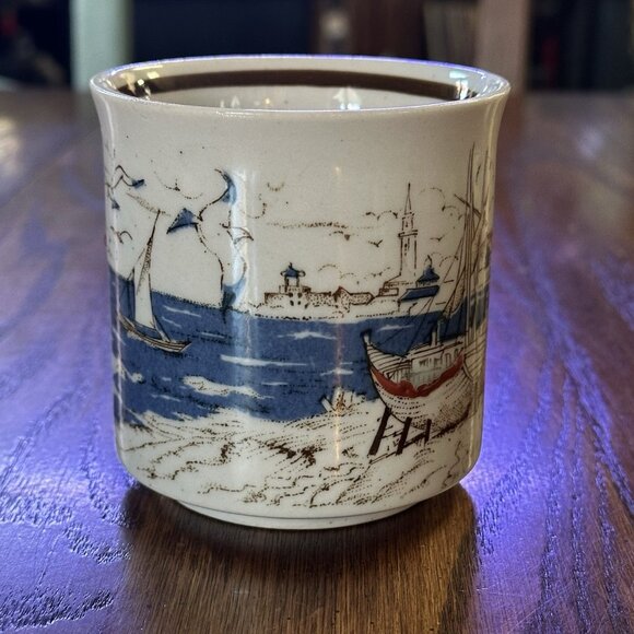 Vintage Coffee Mug Speckled Otagiri Japan Fishing Boats Seagulls Beach Sun - Picture 3 of 10